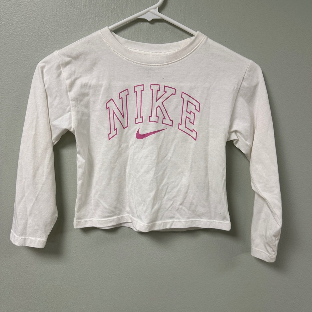 Nike Kids Girls White Long Sleeve Pink Glitter Logo Graphic Tee Shirt Size 6
